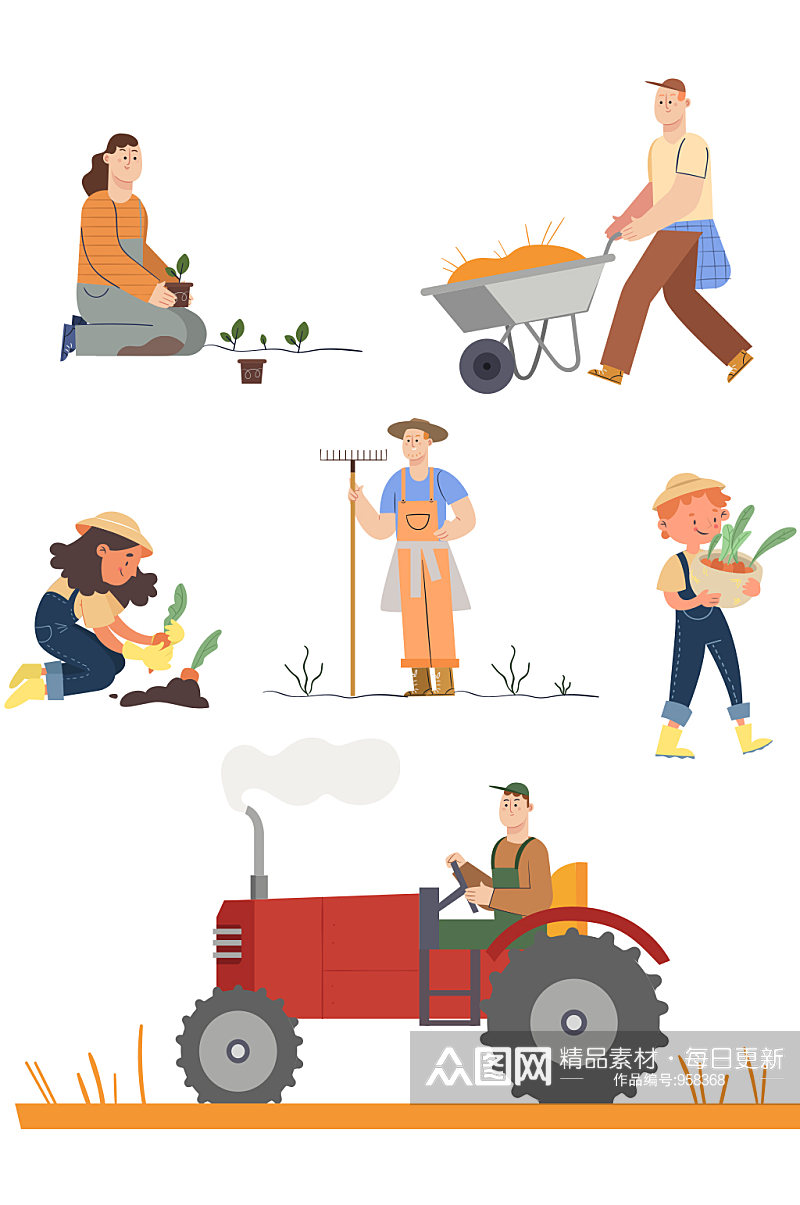 手绘春天农民播种种地拖拉机收割田园素材