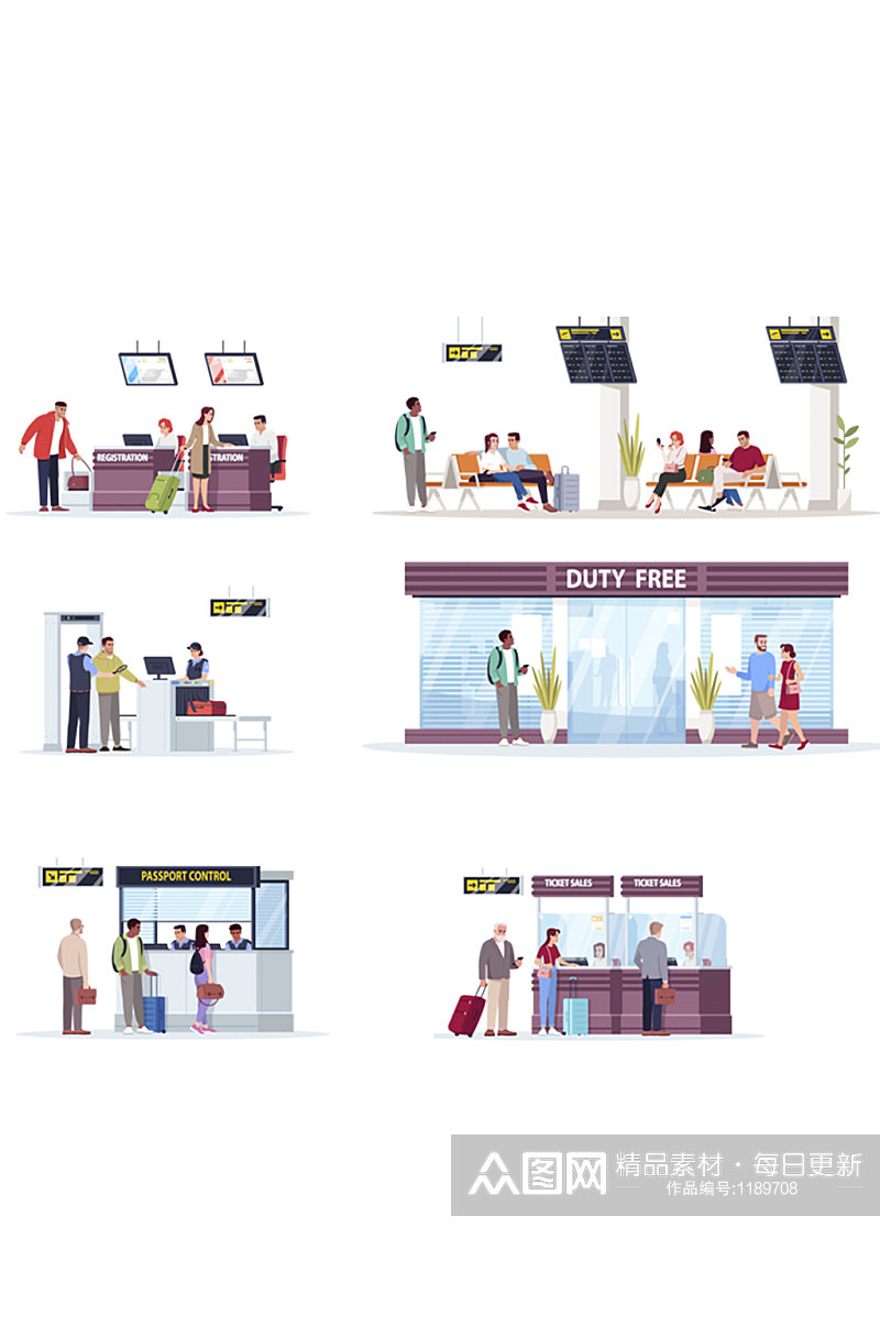 机场航站楼平面矢量插图集行李安全素材