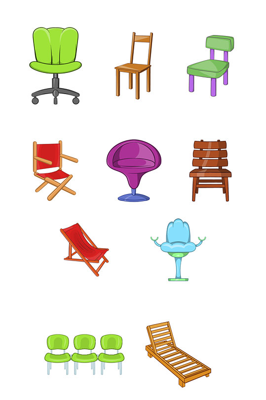 椅子上的图标集动画片套椅子在白色