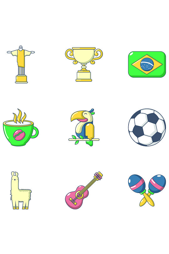 巴西足球图标设置动画片套在白色背景