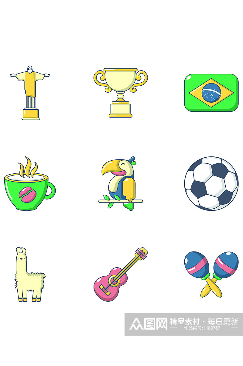 巴西足球图标设置动画片套在白色背景素材