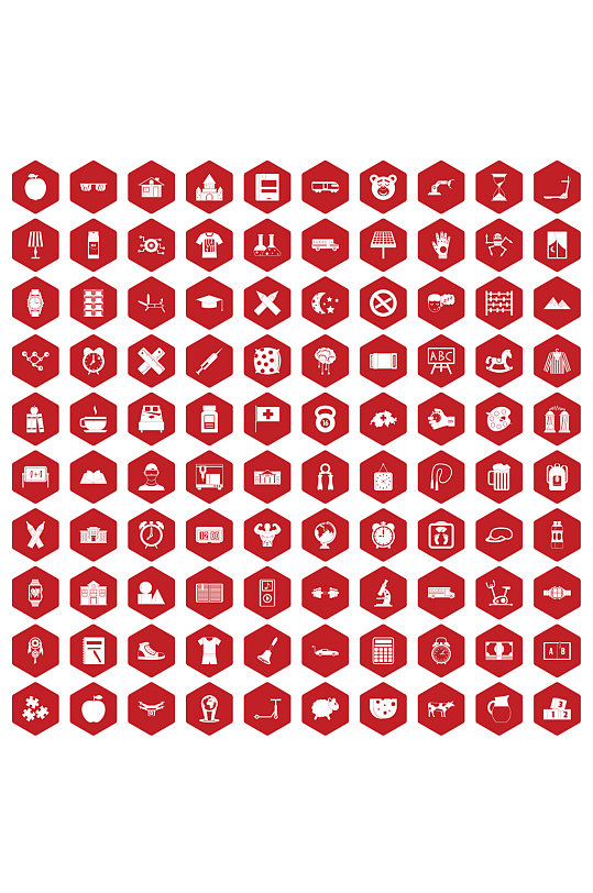 在红色六角形设置的100个闹钟象隔绝