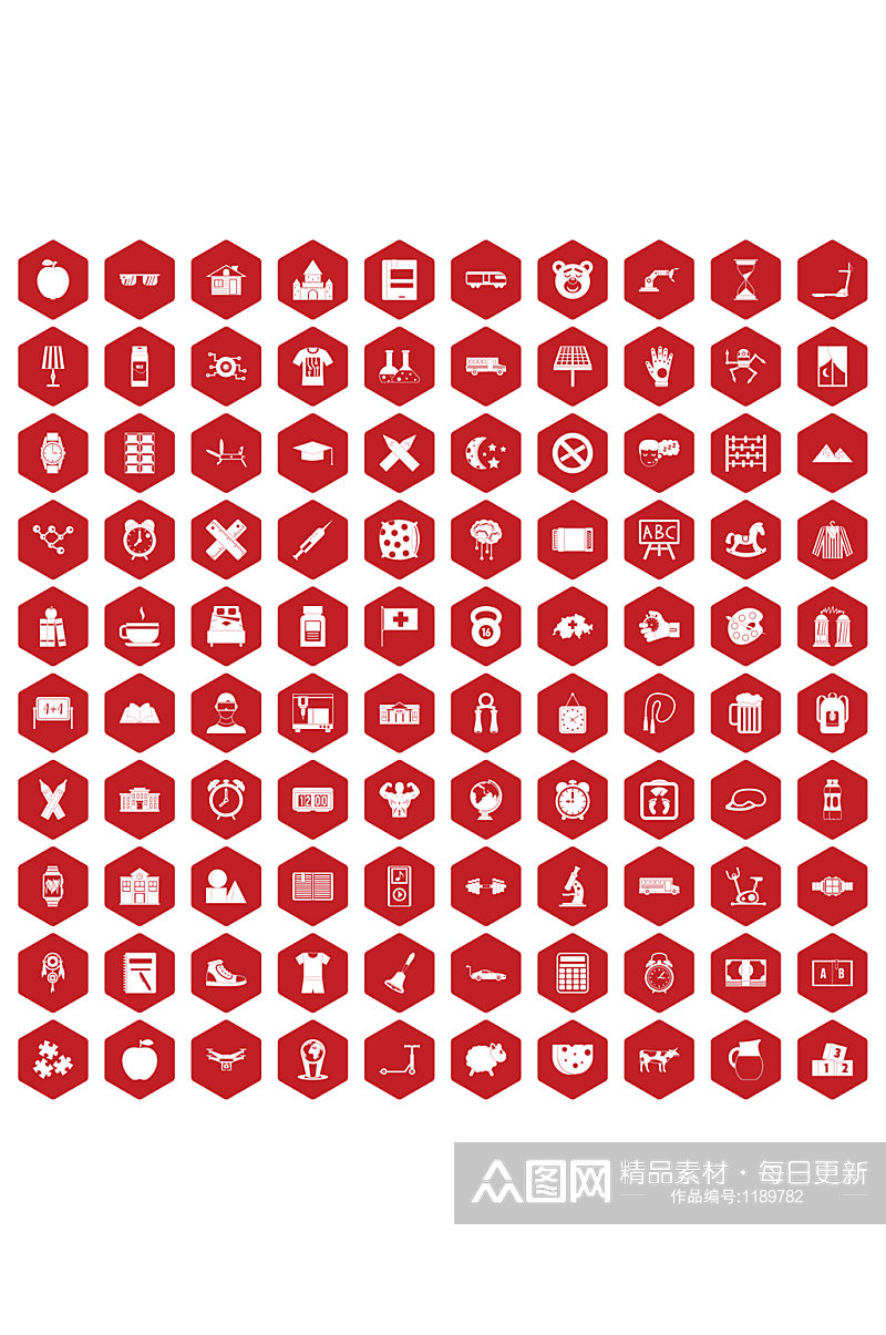 在红色六角形设置的100个闹钟象隔绝素材