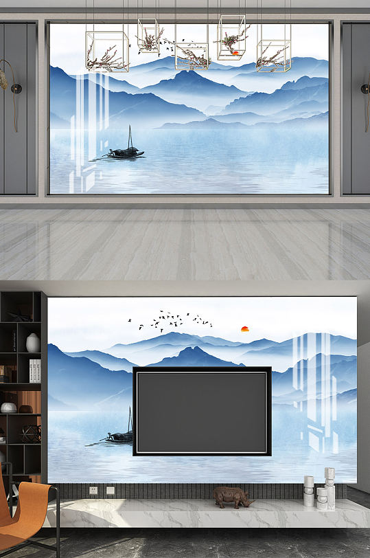 中式山水背景墙水墨画
