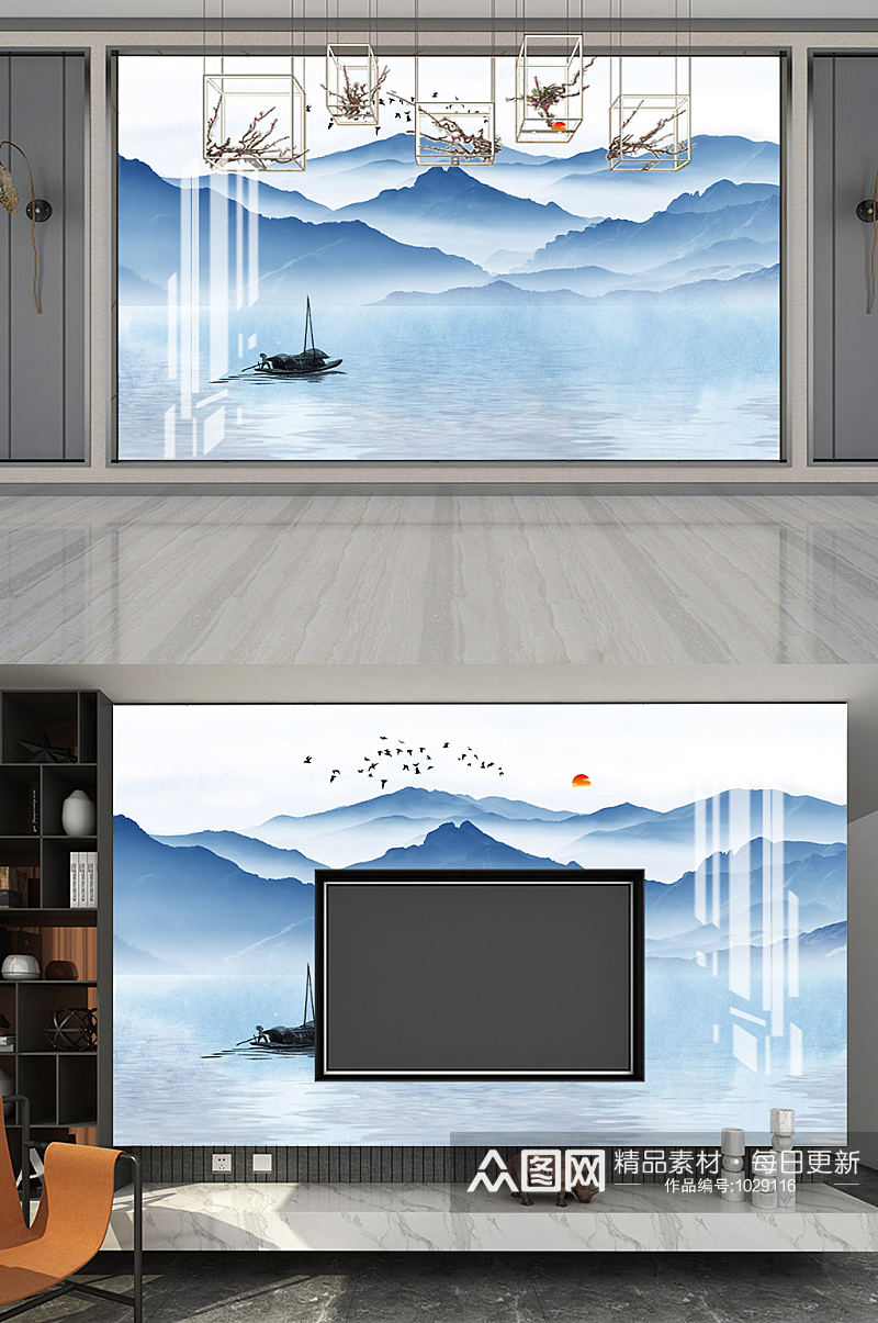 中式山水背景墙水墨画素材