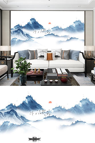 新中式山水沙发背景墙
