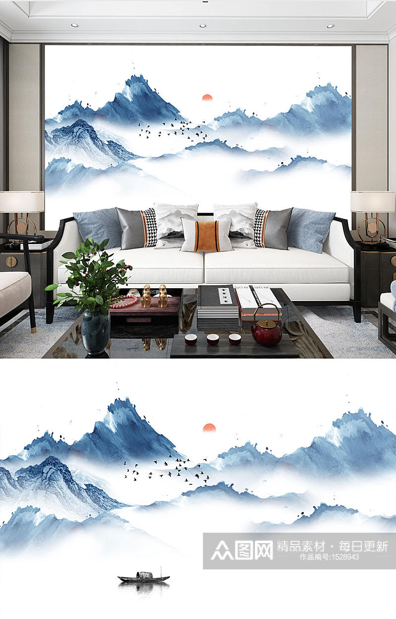 新中式山水沙发背景墙素材