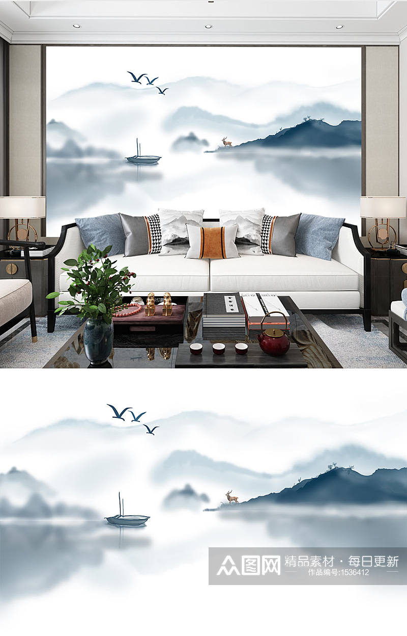 现代中式山水风格电视沙发背景墙素材