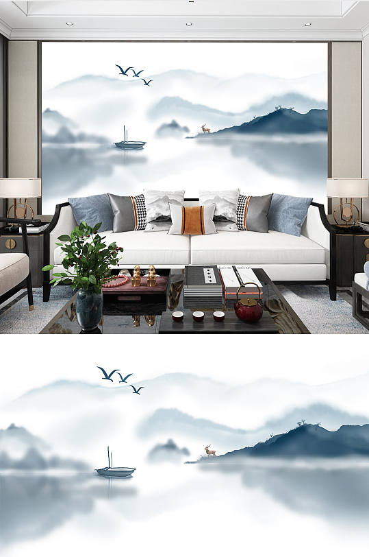 现代中式山水风格电视沙发背景墙