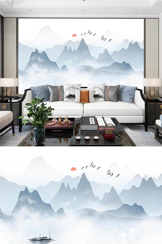 现代中式山水画背景墙-众图网