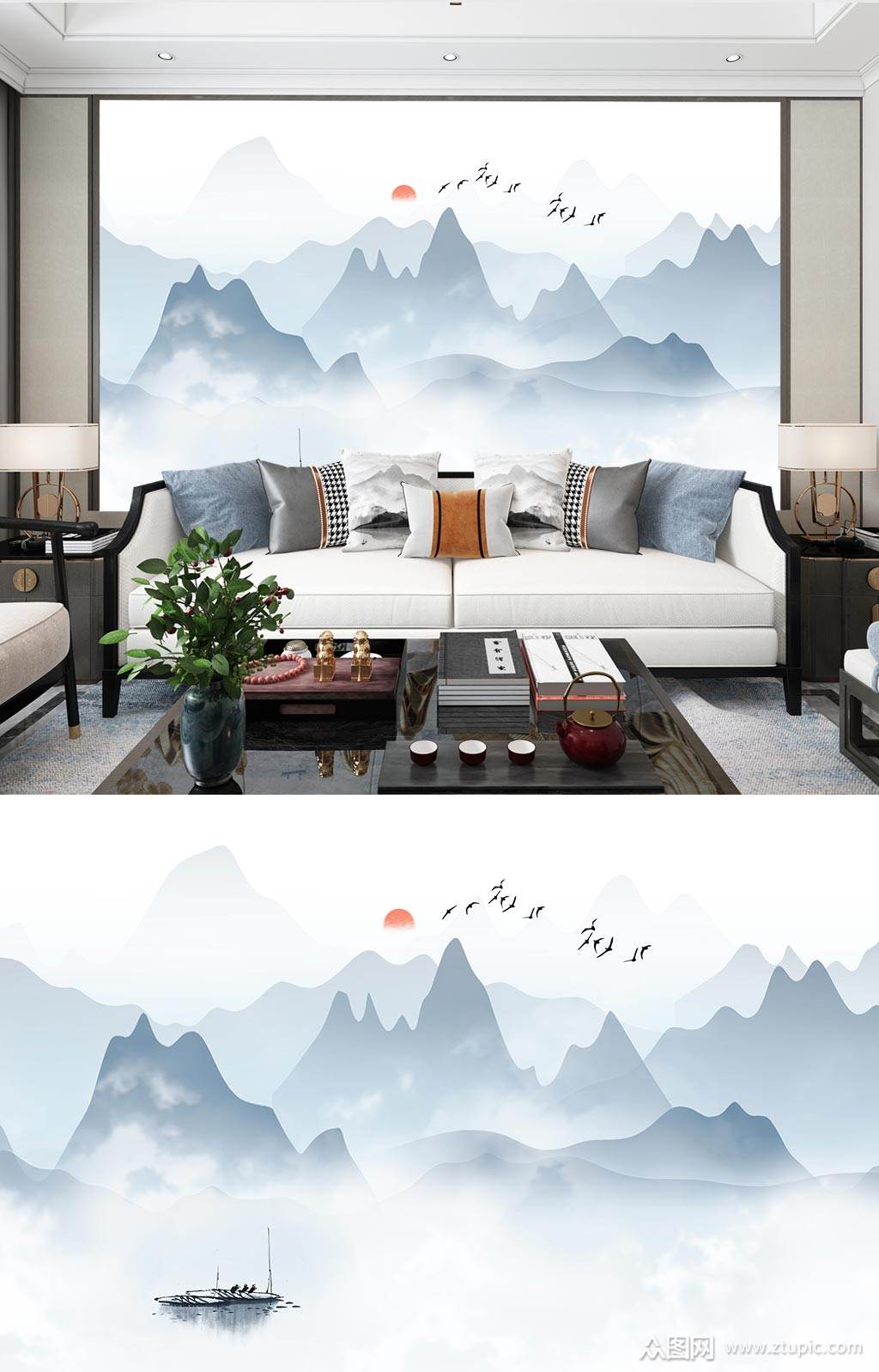 现代中式山水画背景墙素材