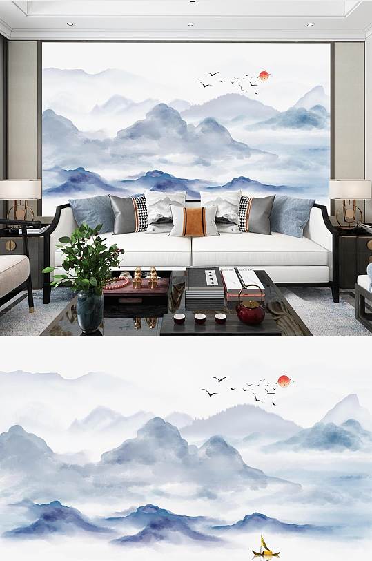 现代中式电视背景墙-众图网