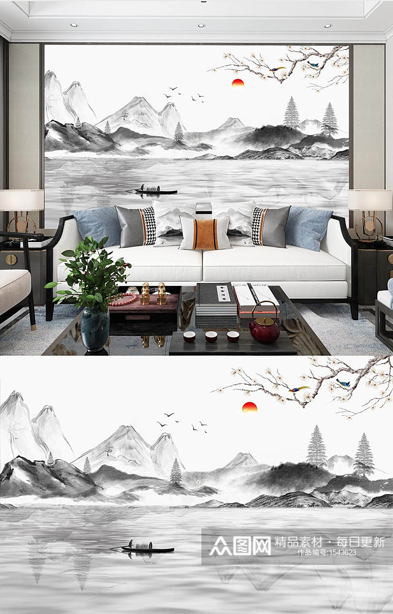 现代抽象山水背景墙沙发电视背景素材