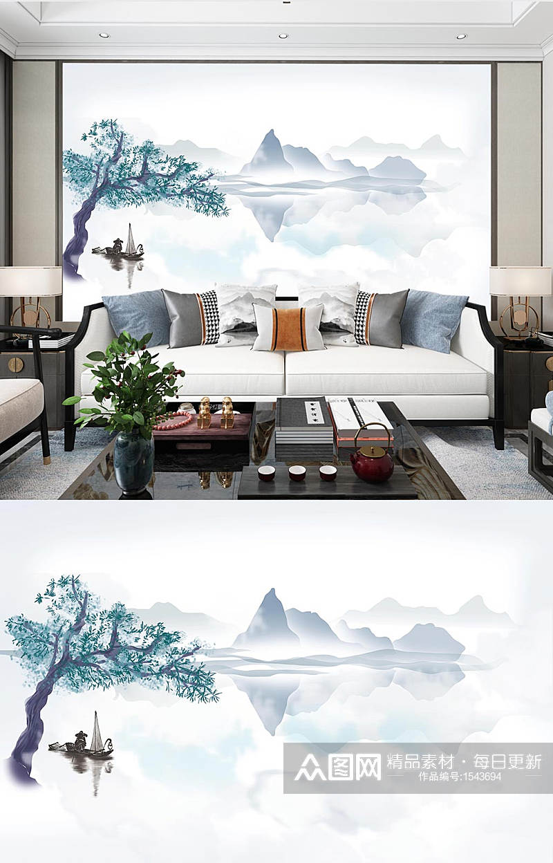 中式山水画背景墙沙发电视背景墙素材