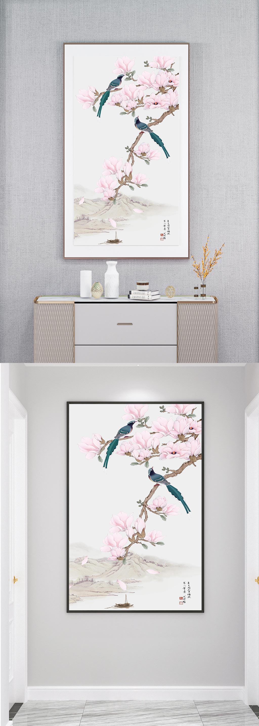 现代玄关装饰画鸟语花香素材