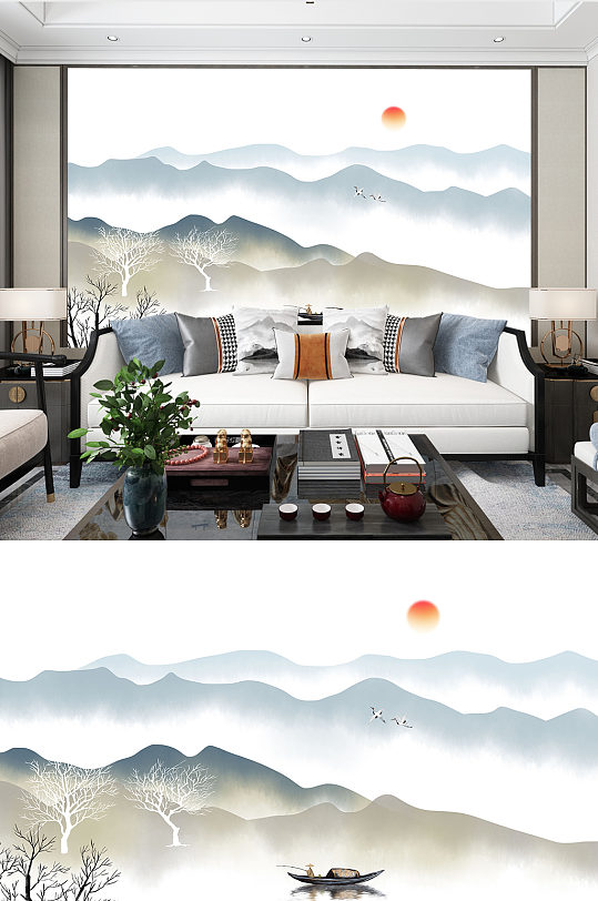 新中式山水电视背景墙-众图网