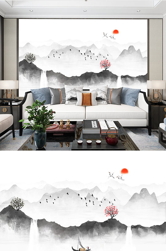 新中式电视沙发背景墙-众图网