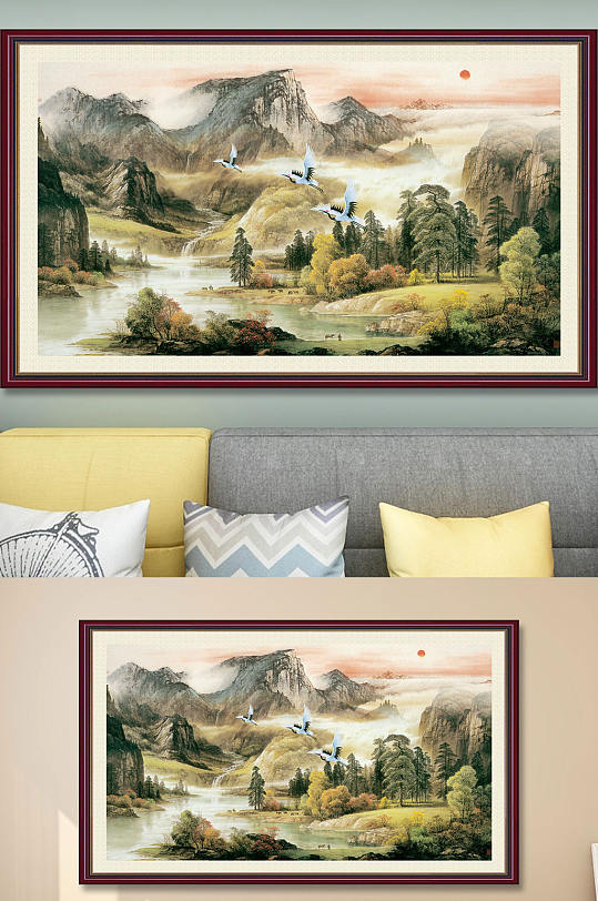 国画山水落日装饰画 大气山河图-众图网