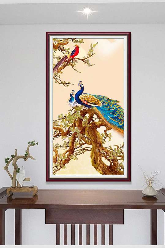 国画孔雀山水装饰画-众图网