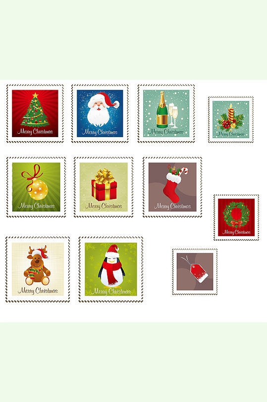 卡通圣诞树雪人邮票素材