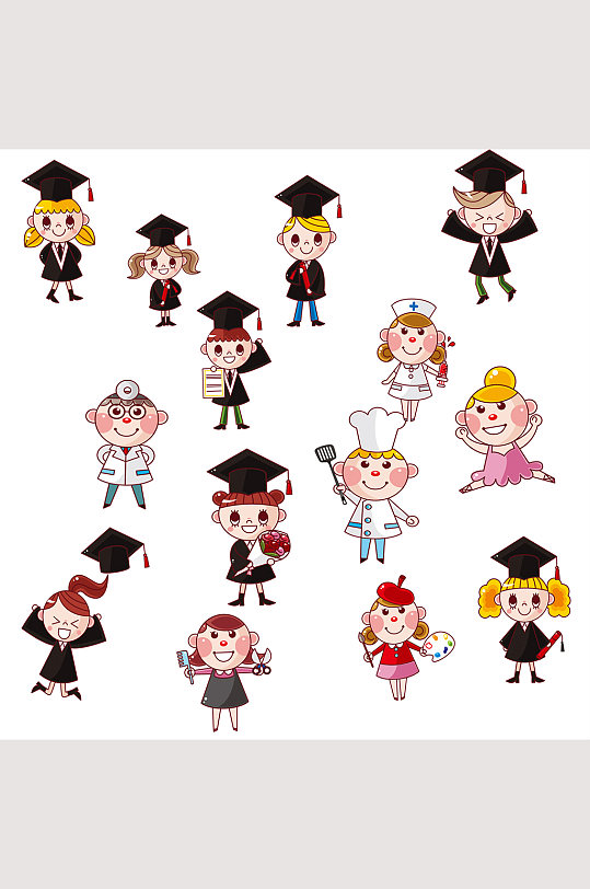 卡通手绘小孩毕业学士服