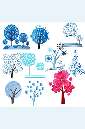 卡通手绘蓝色树木素材