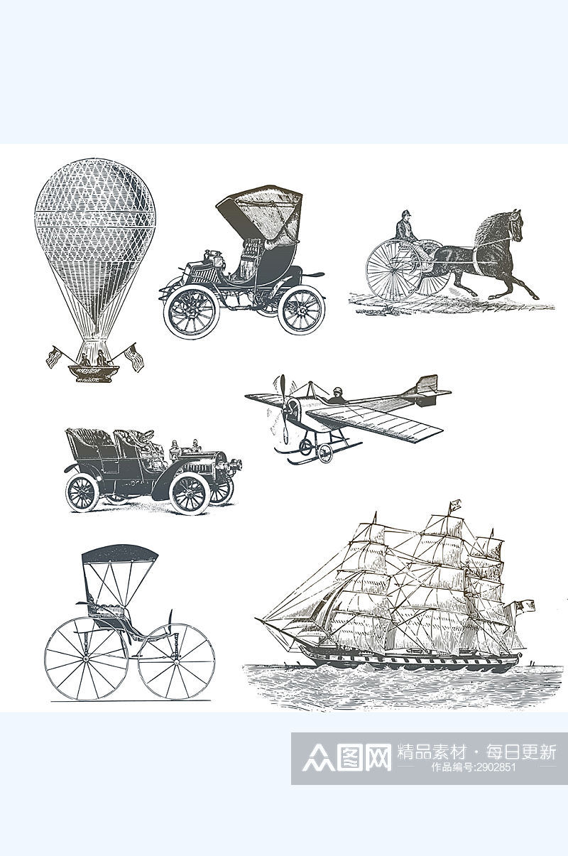 插画手绘轮船飞机热气球素材素材