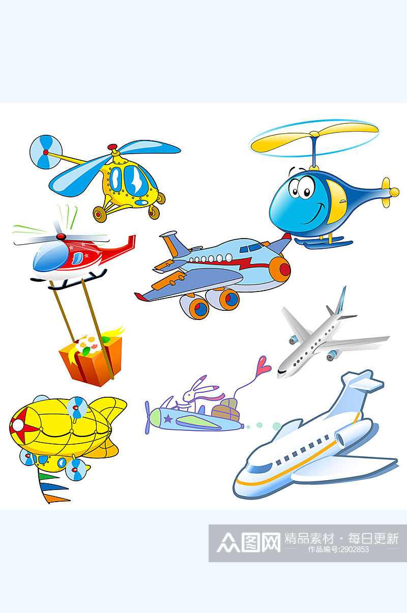 插画卡通直升机民航飞机素材素材