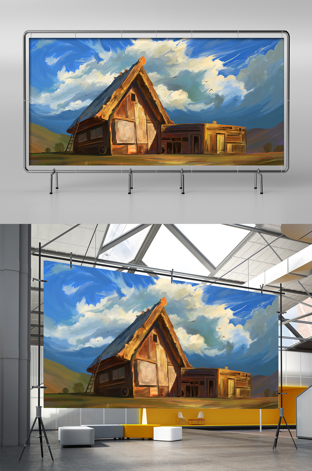 山边木屋油画美景素材