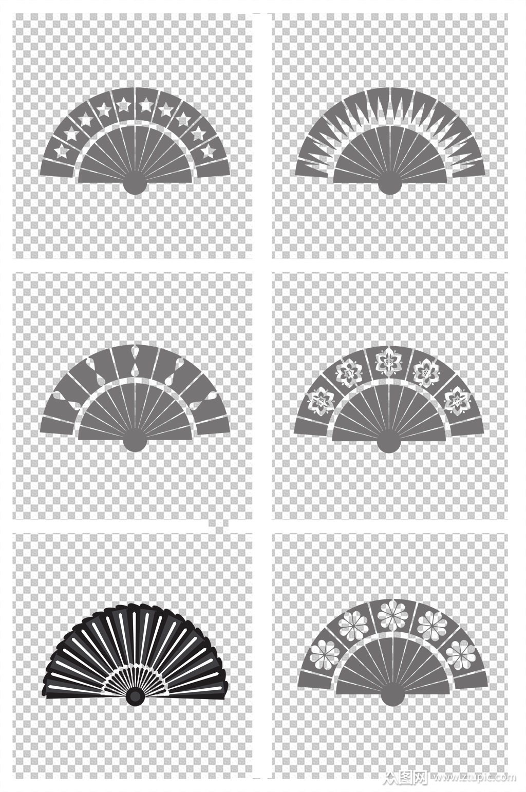 黑白剪影手绘扇子素材