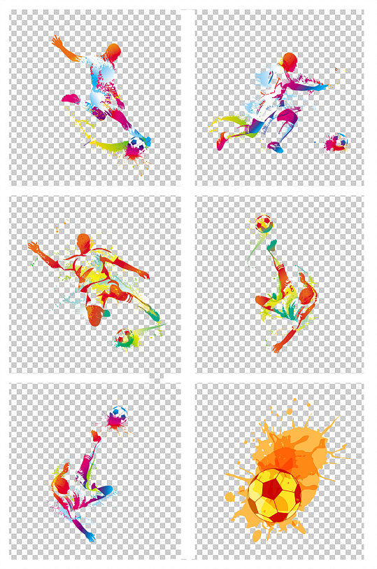 彩色泼墨足球运动员涂鸦剪影运动元素