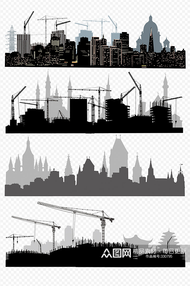 城市剪影建筑工地线条画素材
