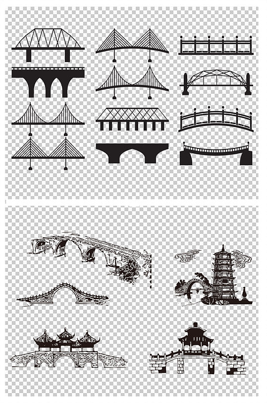 手绘线条桥古代建筑