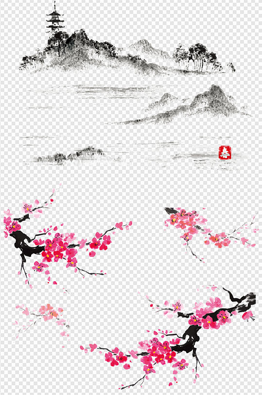 水墨画桃花梅花素材