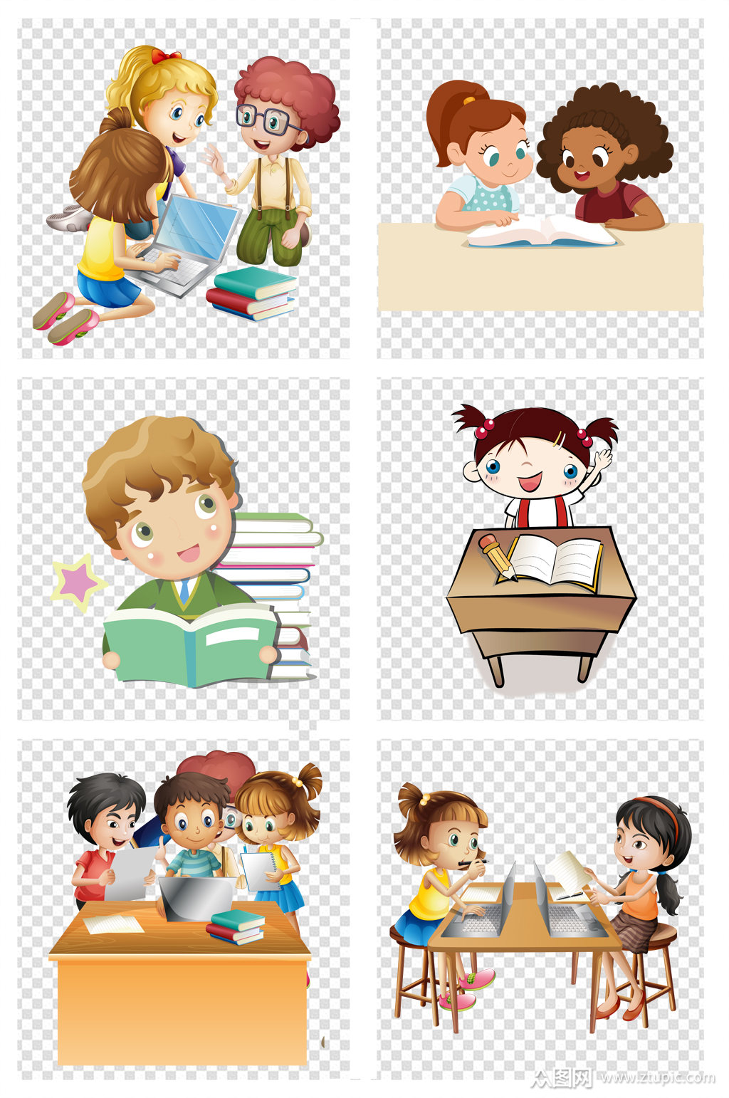 卡通小学生读书学习素材