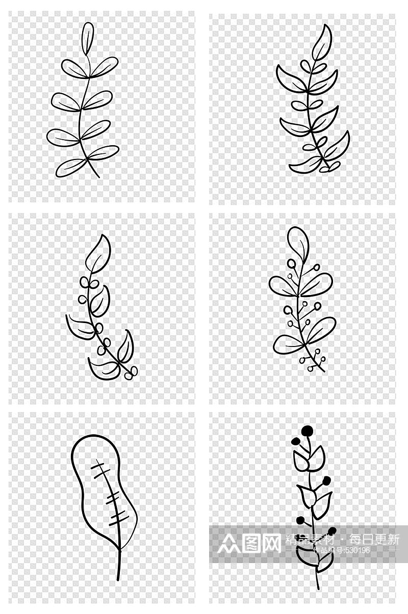 手绘叶子线描植物素材