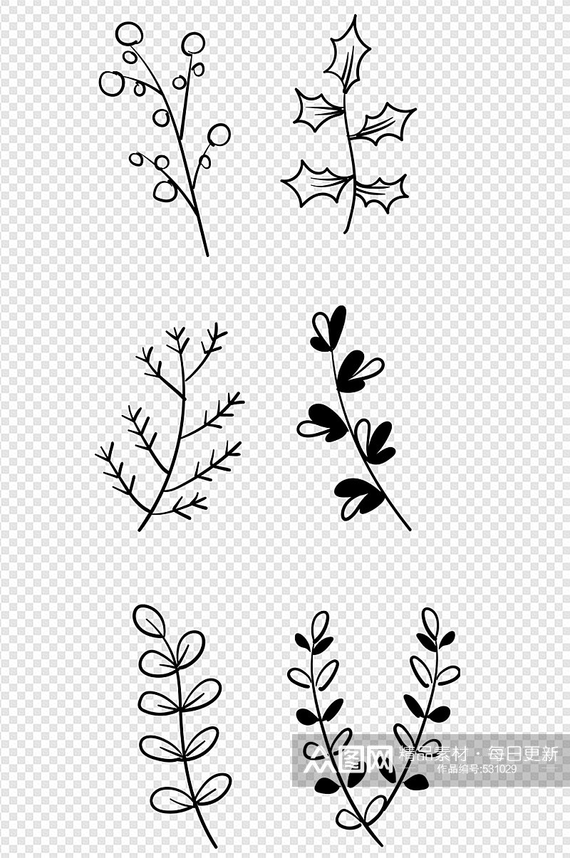 手绘植物叶子装饰线条画素材