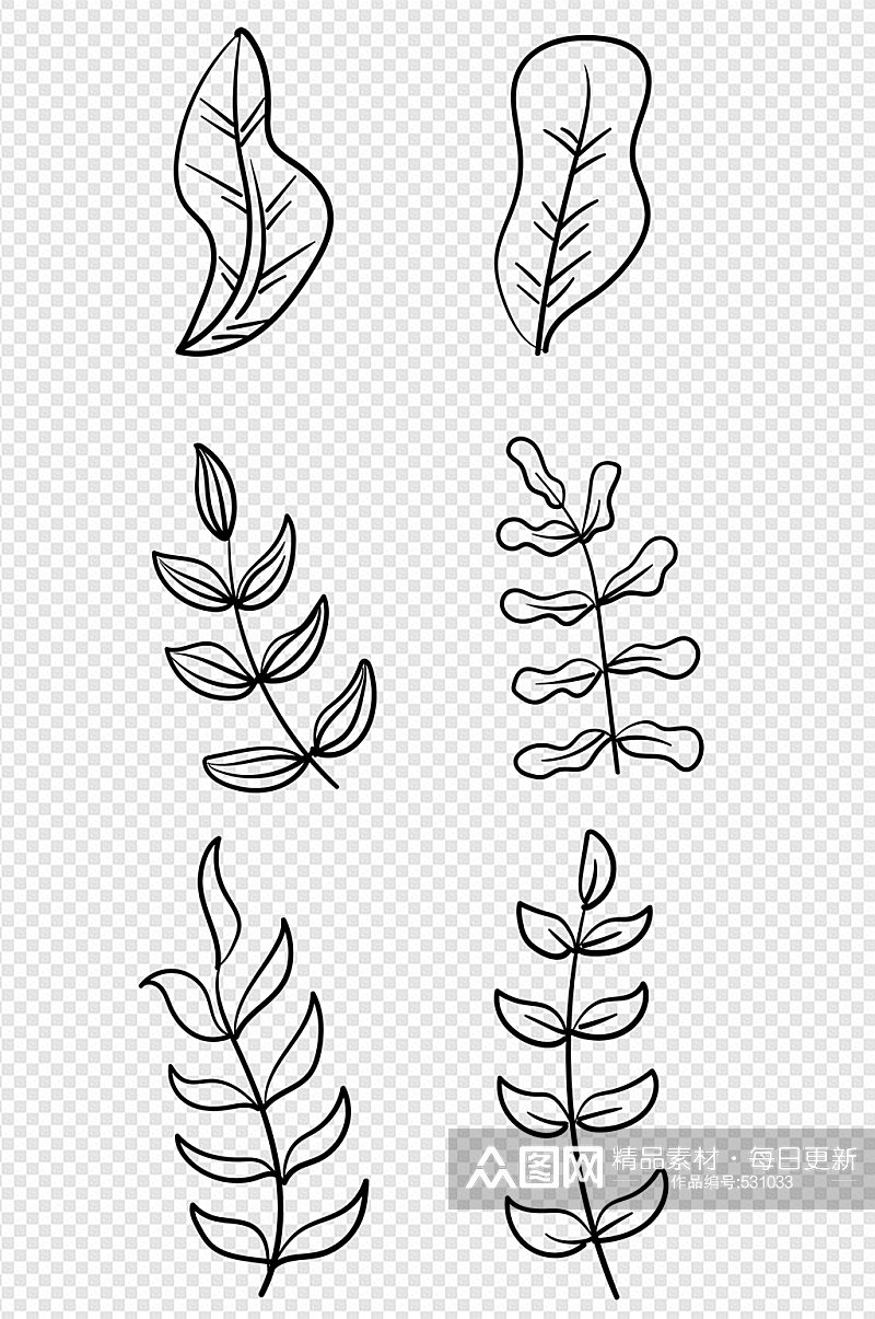 手绘叶子线描植物素材