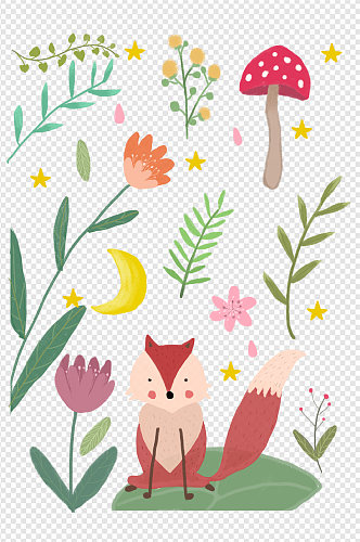 小狐狸和植物花花绿叶星星月亮蘑菇手绘插画