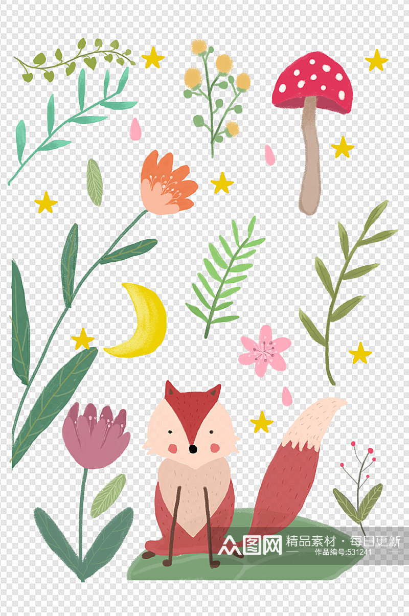 小狐狸和植物花花绿叶星星月亮蘑菇手绘插画素材