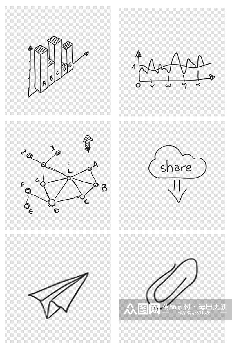 黑白手绘线描商务元素装饰素材