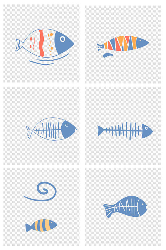 蓝色线条鱼鱼刺简笔画图案