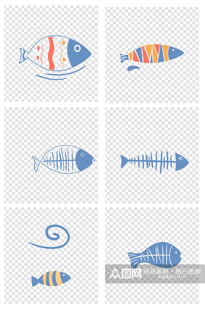蓝色线条鱼鱼刺简笔画图案素材