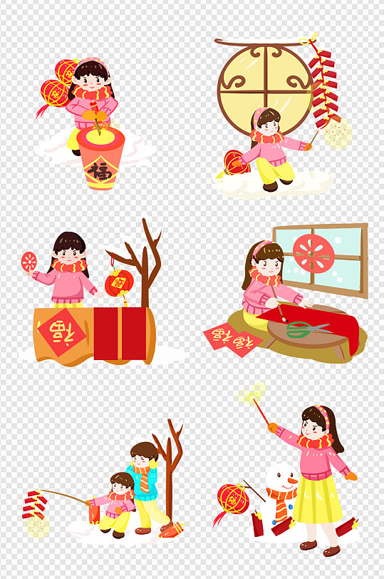春节传统习俗喜庆写对联放鞭炮手绘插画