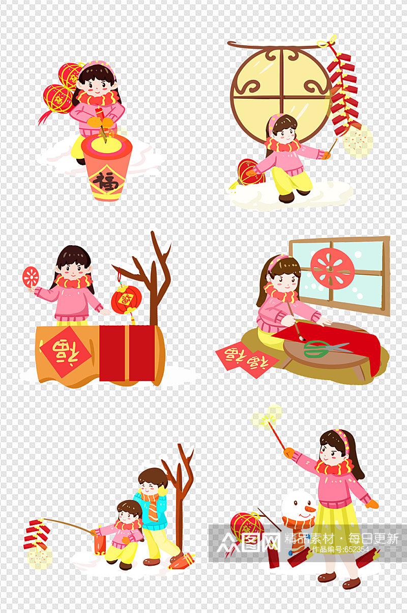 春节传统习俗喜庆写对联放鞭炮手绘插画素材