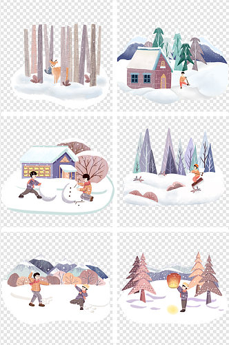 冬季雪景大雪打雪仗堆雪人手绘插画