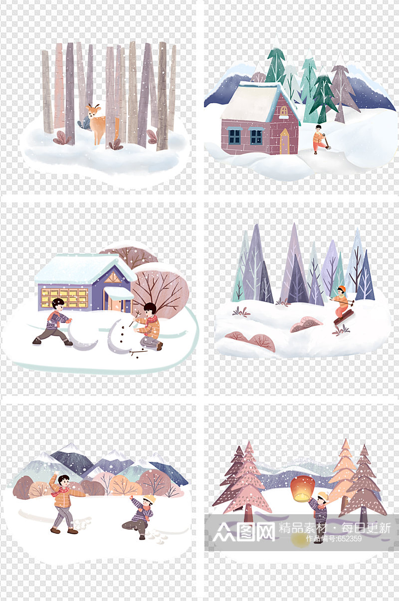 冬季雪景大雪打雪仗堆雪人手绘插画素材
