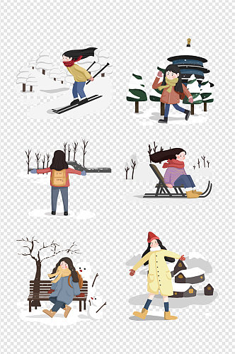 冬季雪景小女孩滑雪插画