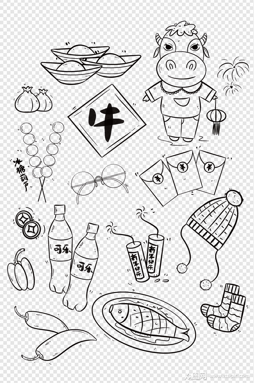 牛年线条画手绘线稿元素素材