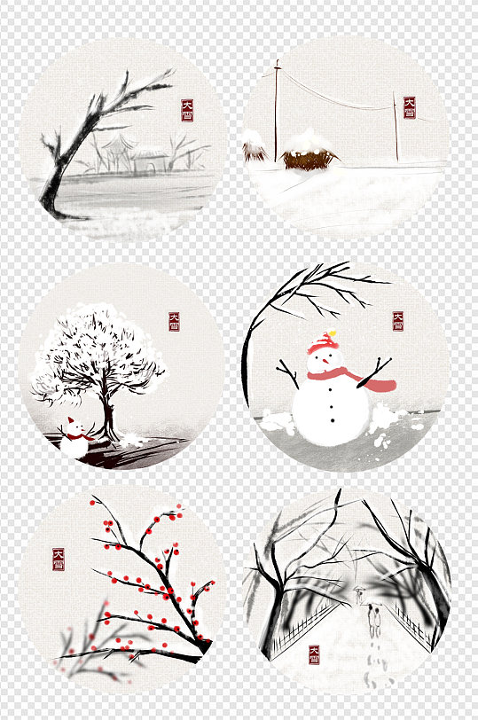 大雪节气雪人手绘梅花雪景图